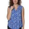 La Cera™ Printed Rayon Sleeveless Button Front Top Blue New