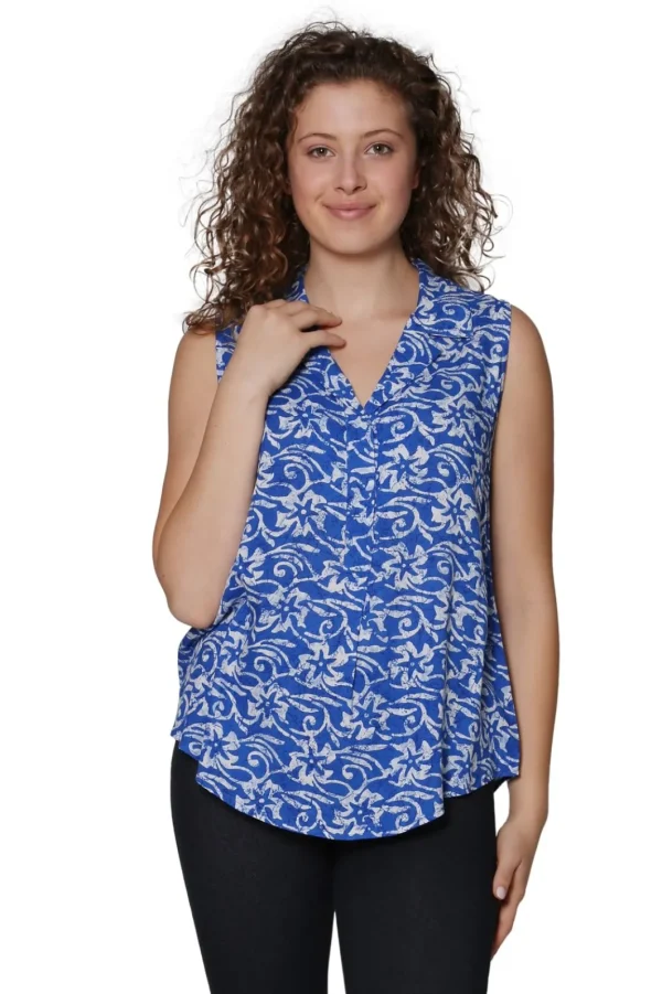 La Cera™ Printed Rayon Sleeveless Button Front Top Blue New