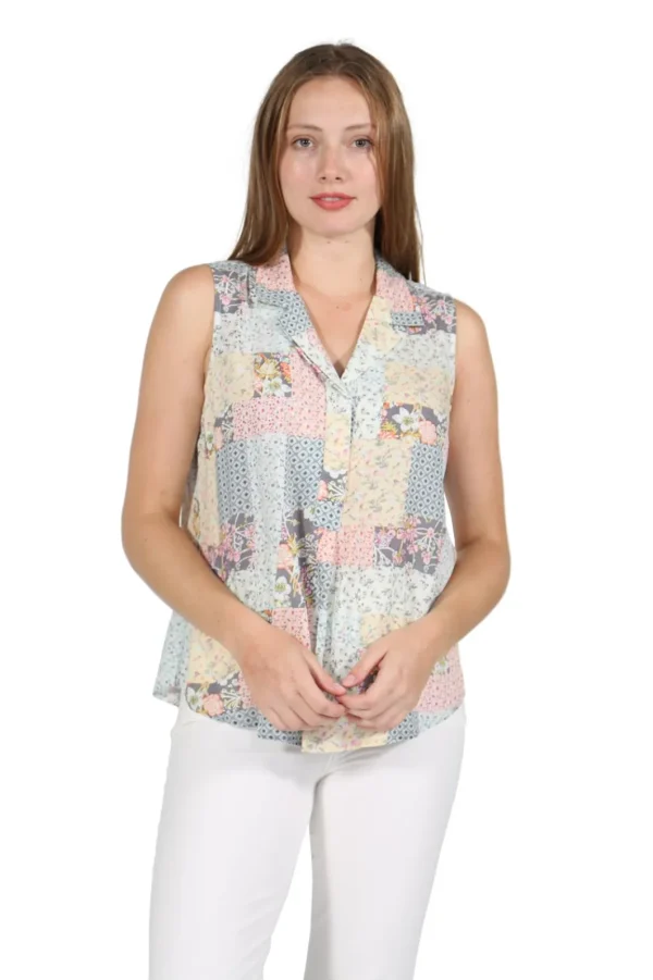 La Cera™ Printed Rayon Sleeveless Button Front Top Sage Store