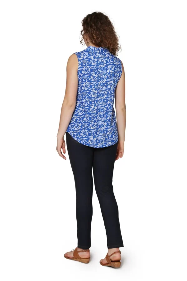 La Cera™ Printed Rayon Sleeveless Button Front Top Blue New