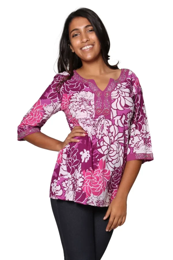 La Cera™ Purple Floral Cotton Voile Embroidered Tunic Store