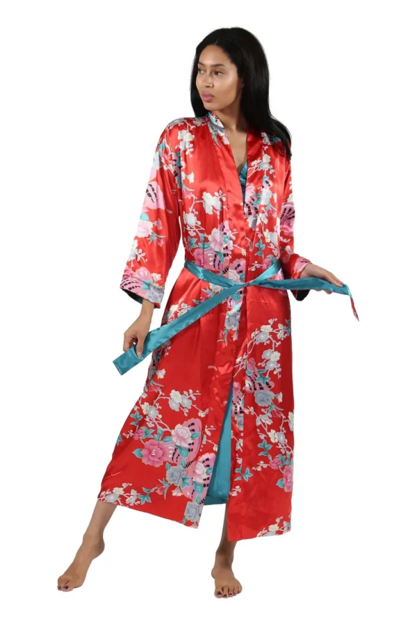 La Cera™ Reversible Floral Satin Robe Red Cheap