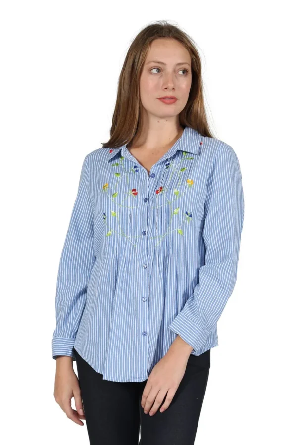 La Cera™ Seersucker Embroide Button Front Shirt Sale