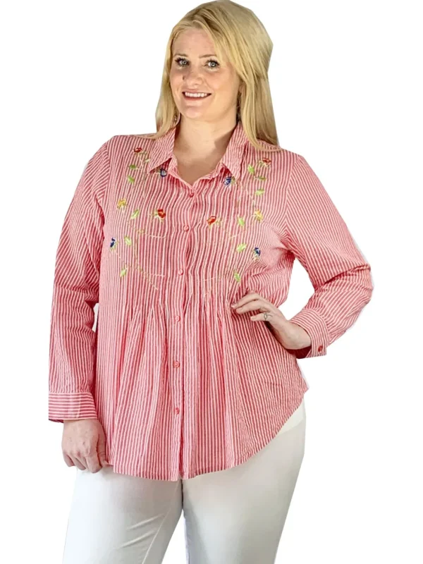 La Cera™ Seersucker Embroide Button Front Shirt - Plus Size Outlet