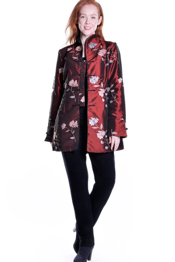 La Cera™ Sequined Floral Embroidered Coat Burgundy Online