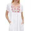 La Cera™ Short Sleeve Embroidered Peasant Chemise White/Multi Shop