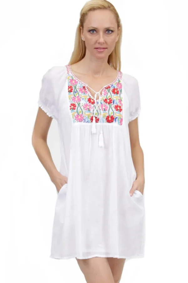 La Cera™ Short Sleeve Embroidered Peasant Chemise White/Multi Shop