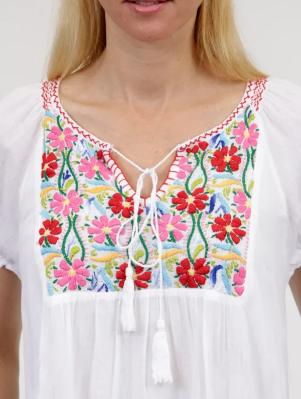 La Cera™ Short Sleeve Embroidered Peasant Chemise White/Multi Shop